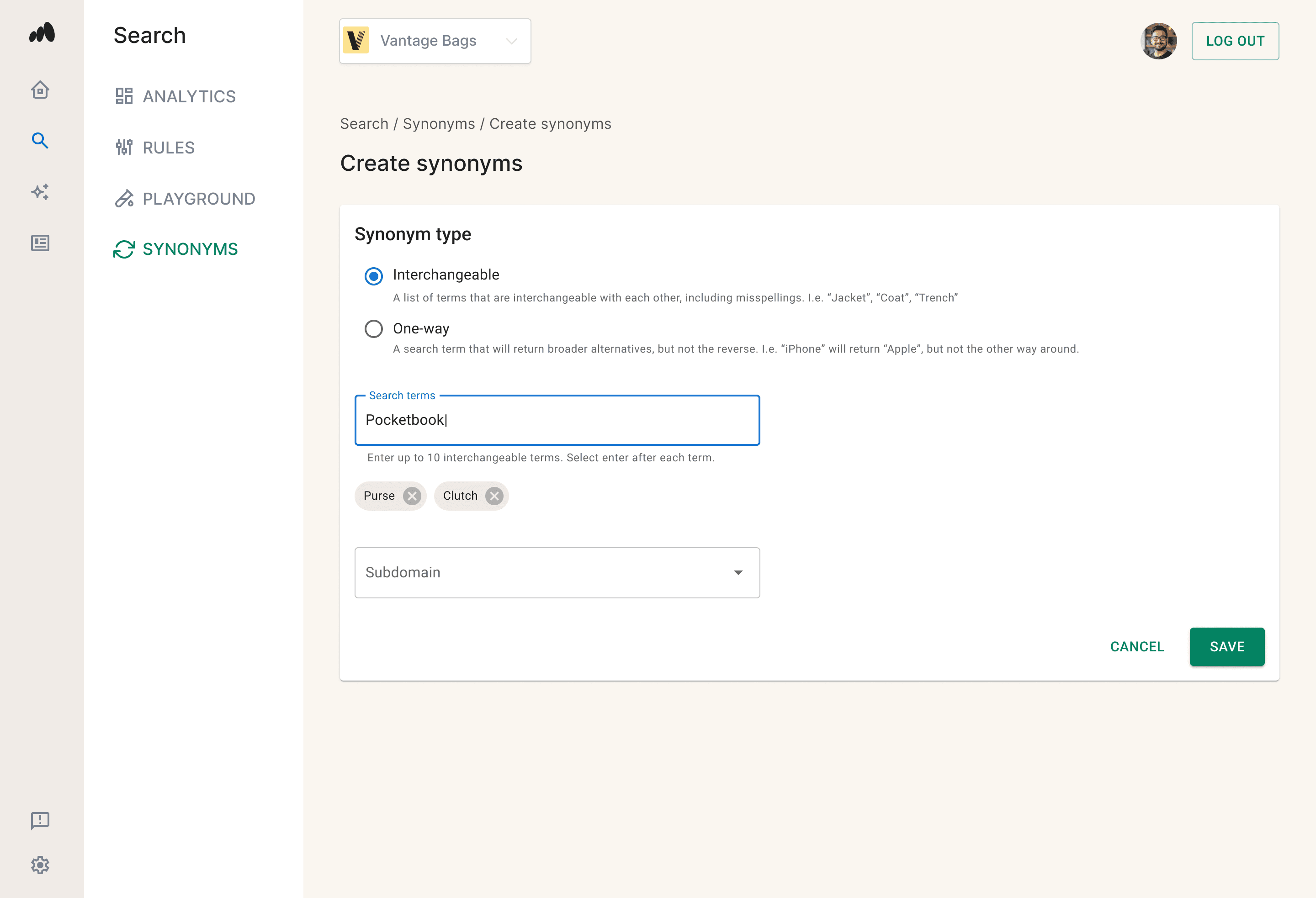A visual of the UI to create a new synonym