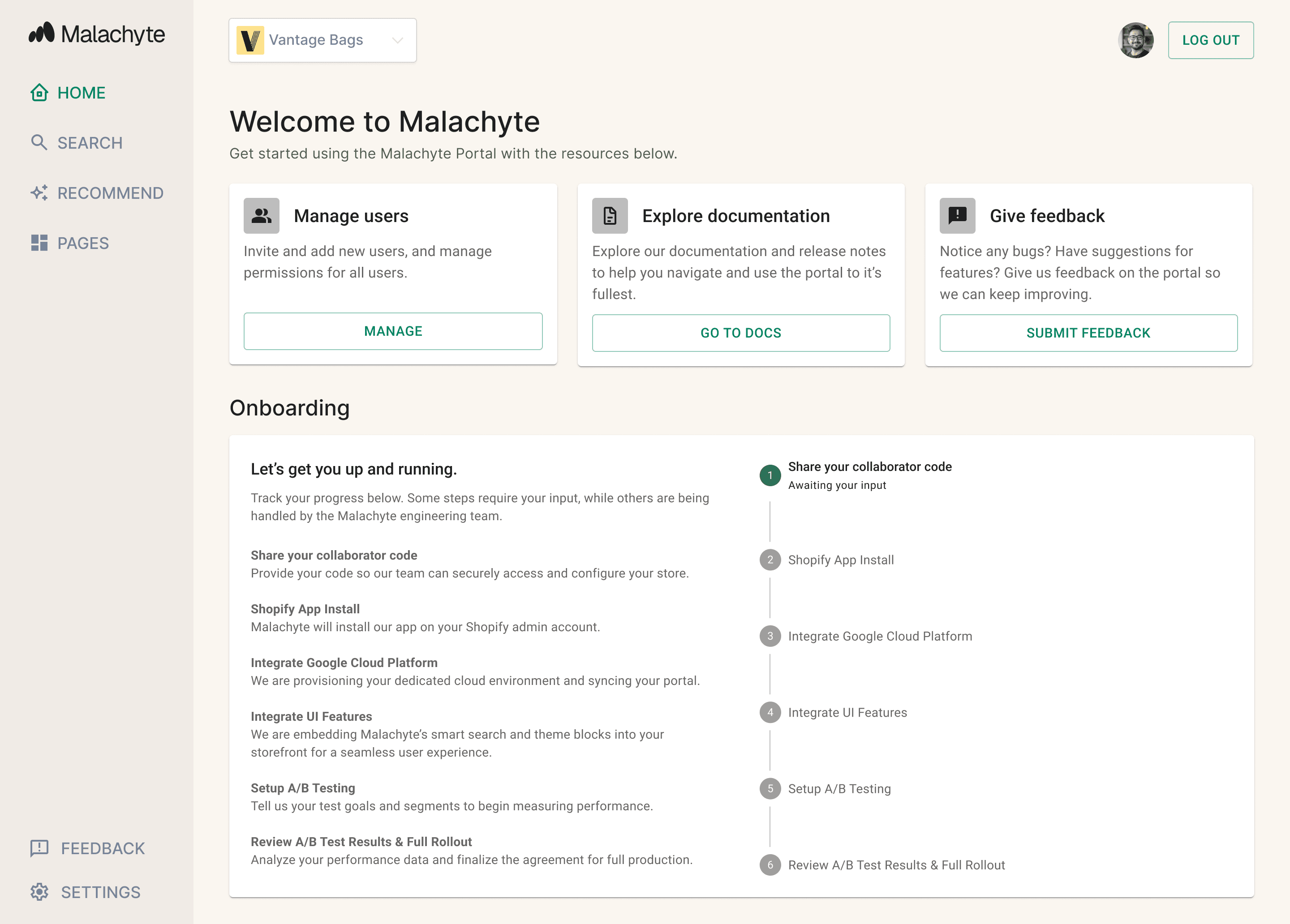 A visual of the onboarding screen within the Malachyte Portal