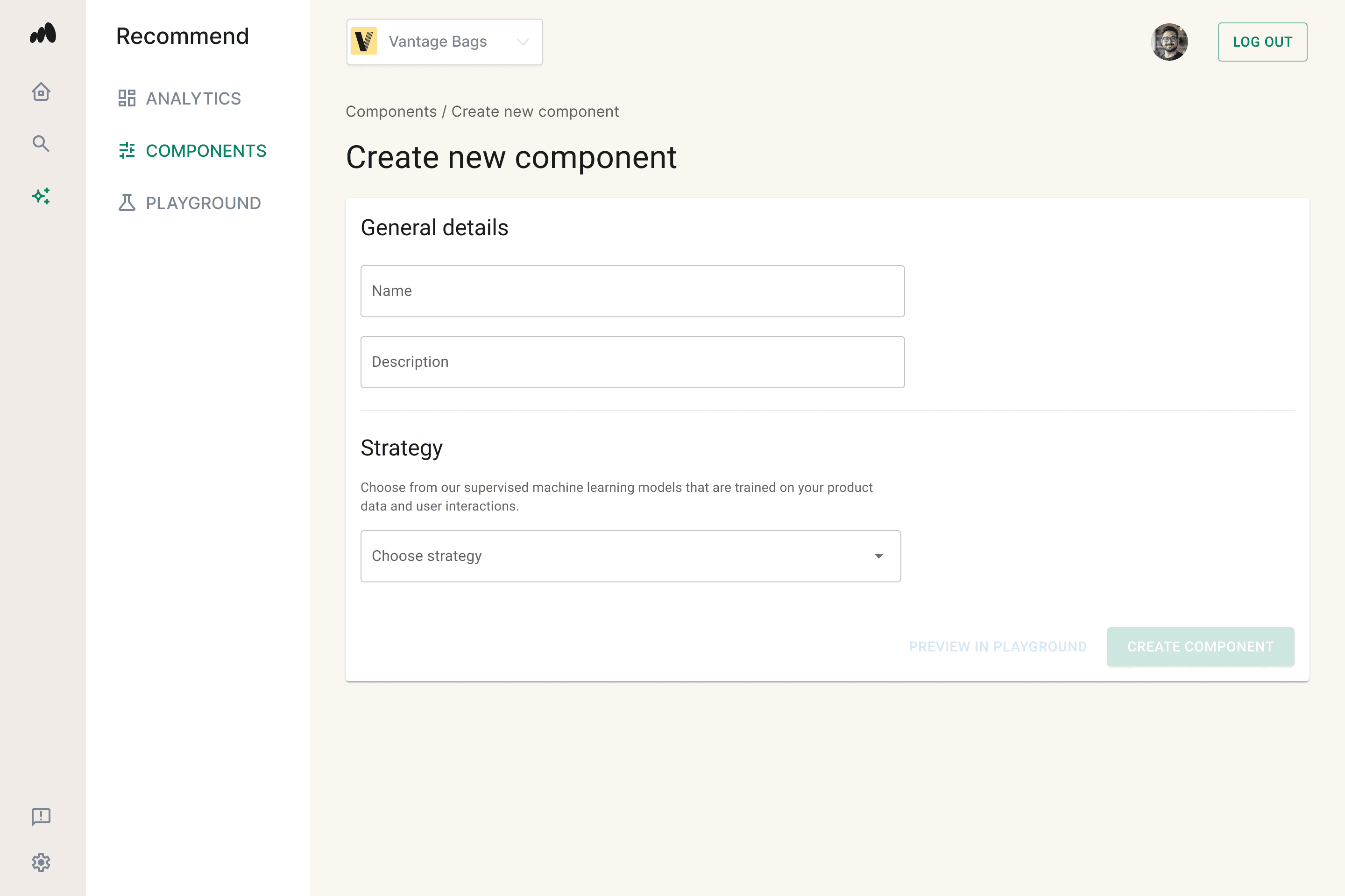 A visual of the create components screen